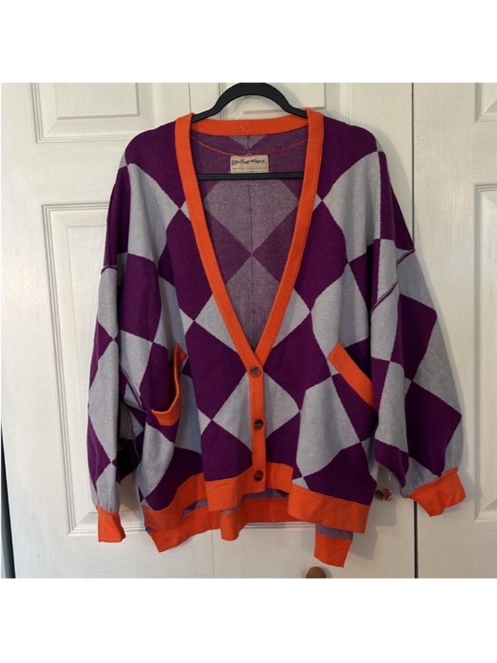 We The Free Small Sweater Manny Cardi purple combo argyle cardigan Free People - Picture 2 of 10